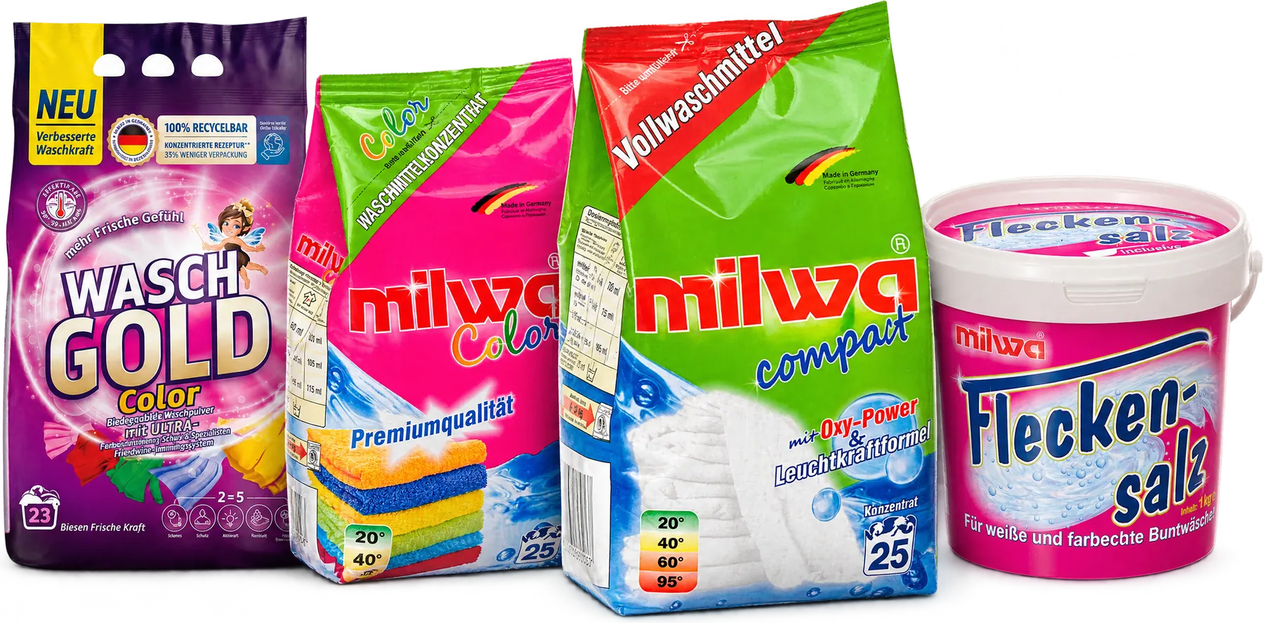WaschGold Color, milwa Color, milwa compact und milwa Fleckensalz